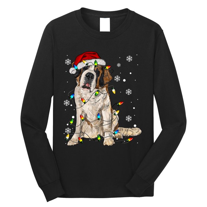 Saint Bernard Dog Santa Christmas Tree Lights Pajama Xmas Long Sleeve Shirt