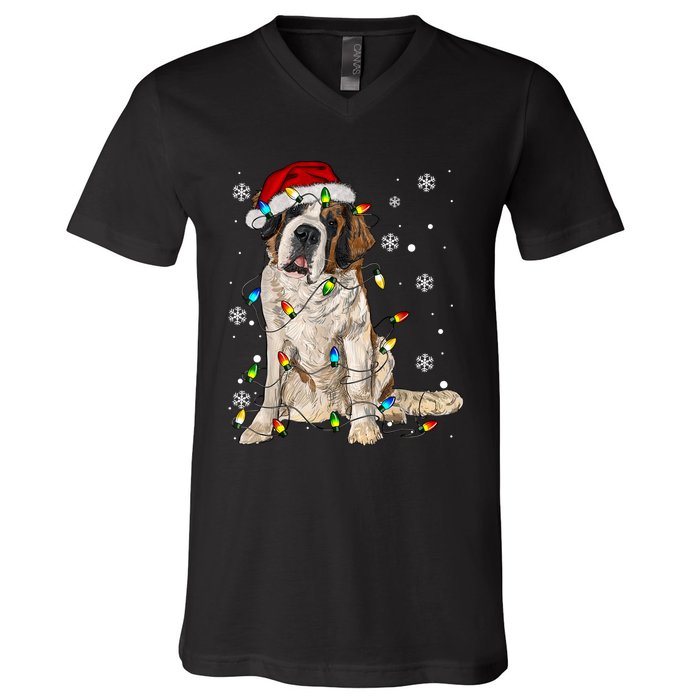 Saint Bernard Dog Santa Christmas Tree Lights Pajama Xmas V-Neck T-Shirt