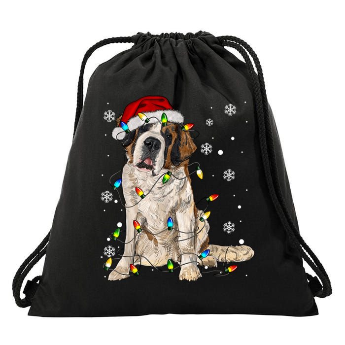 Saint Bernard Dog Santa Christmas Tree Lights Pajama Xmas Drawstring Bag