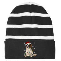 Saint Bernard Dog Santa Christmas Tree Lights Pajama Xmas Striped Beanie with Solid Band