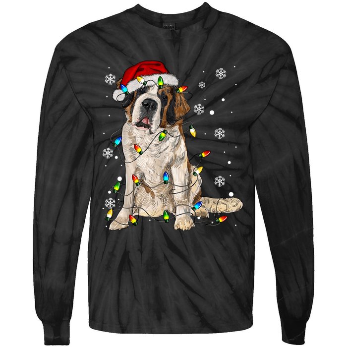 Saint Bernard Dog Santa Christmas Tree Lights Pajama Xmas Tie-Dye Long Sleeve Shirt