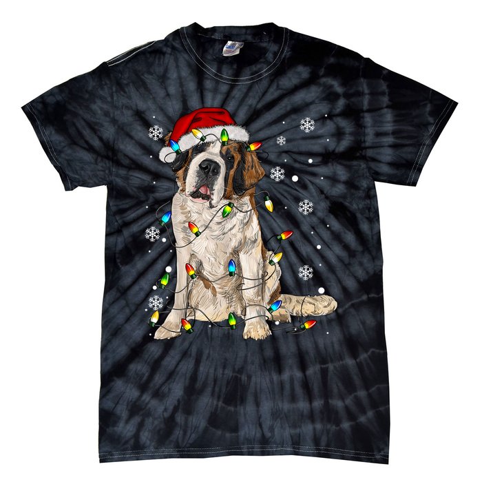 Saint Bernard Dog Santa Christmas Tree Lights Pajama Xmas Tie-Dye T-Shirt