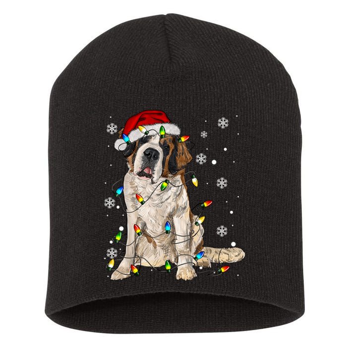 Saint Bernard Dog Santa Christmas Tree Lights Pajama Xmas Short Acrylic Beanie