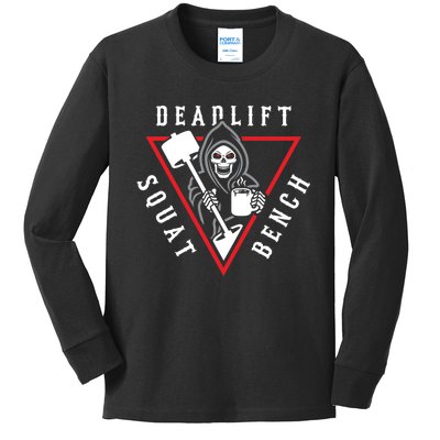 Squat Bench Deadlift Grim Reaper Kids Long Sleeve Shirt