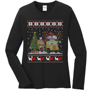 School Bus Driver Reindeer Santa Hat Ugly Christmas Ladies Long Sleeve Shirt