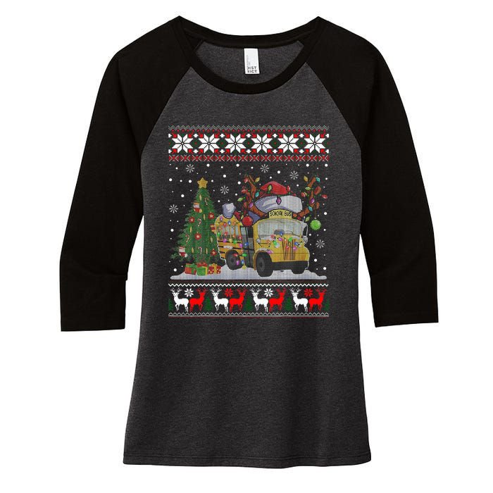 School Bus Driver Reindeer Santa Hat Ugly Christmas Women's Tri-Blend 3/4-Sleeve Raglan Shirt