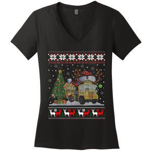 School Bus Driver Reindeer Santa Hat Ugly Christmas Women's V-Neck T-Shirt