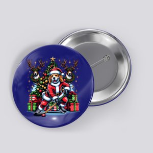 Santa Beagle Energetically Playing Hockey Funny Gift Button