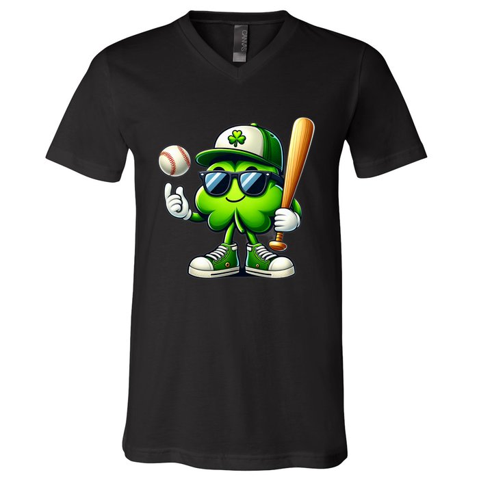 Shamrock Baseball Funny St Patricks Day V-Neck T-Shirt