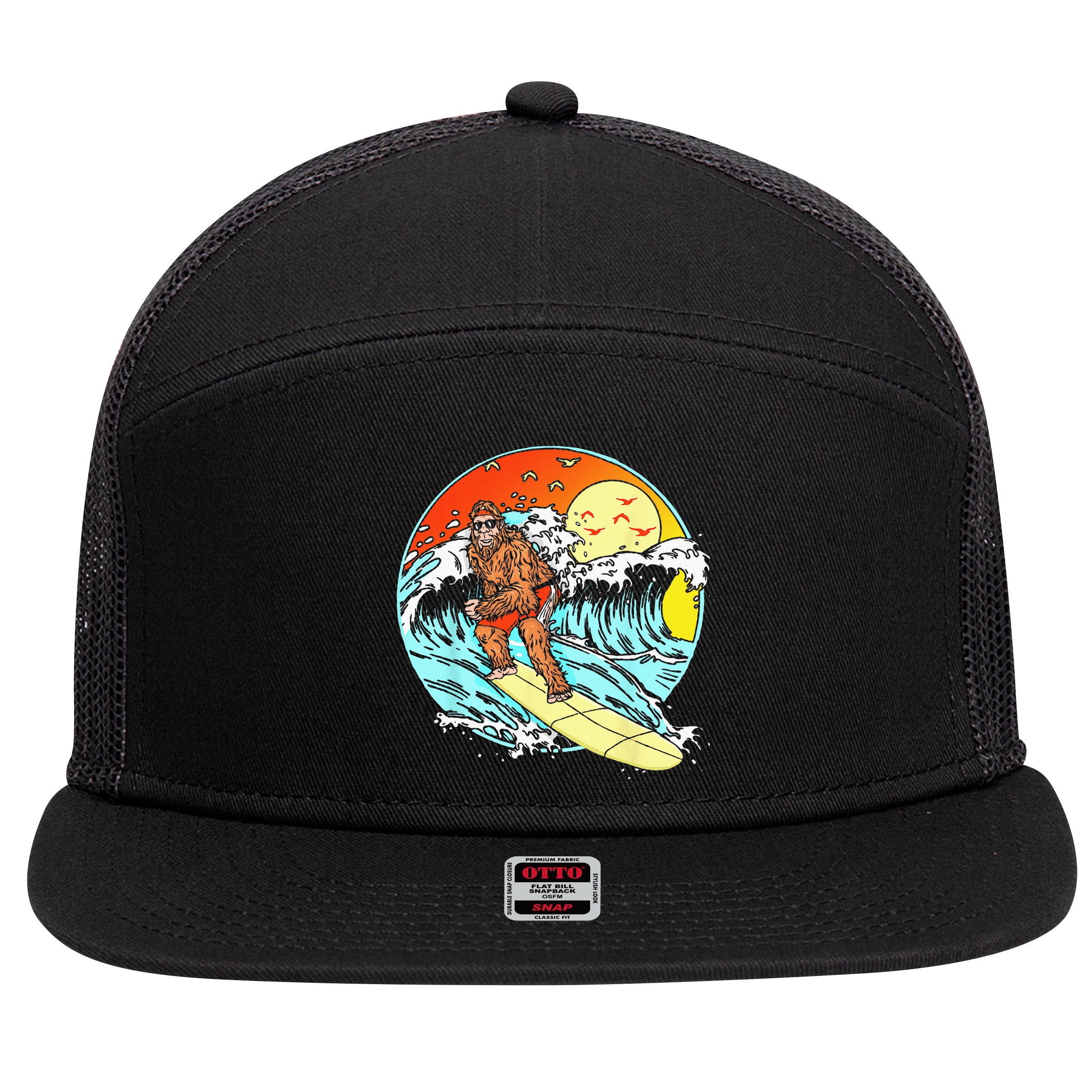 Surfing Bigfoot Funny Beach Sasquatch Surfer Waves Retro 80s 7 Panel Mesh Trucker Snapback Hat