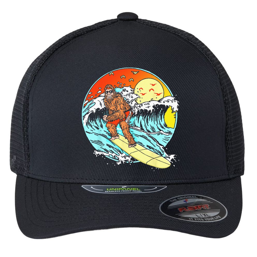 Surfing Bigfoot Funny Beach Sasquatch Surfer Waves Retro 80s Flexfit Unipanel Trucker Cap
