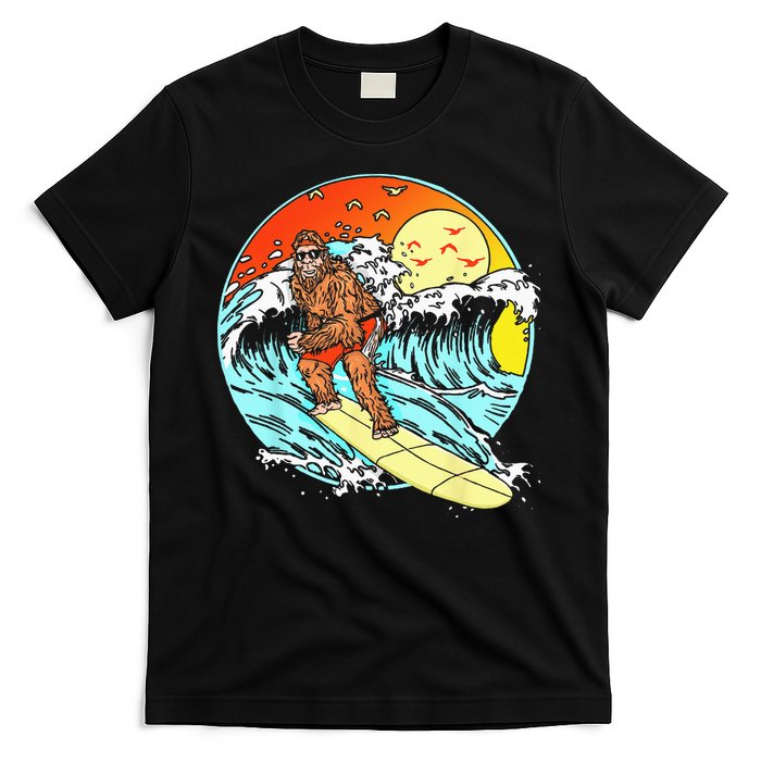 Surfing Bigfoot Funny Beach Sasquatch Surfer Waves Retro 80s T-Shirt