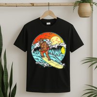 Surfing Bigfoot Funny Beach Sasquatch Surfer Waves Retro 80s T-Shirt