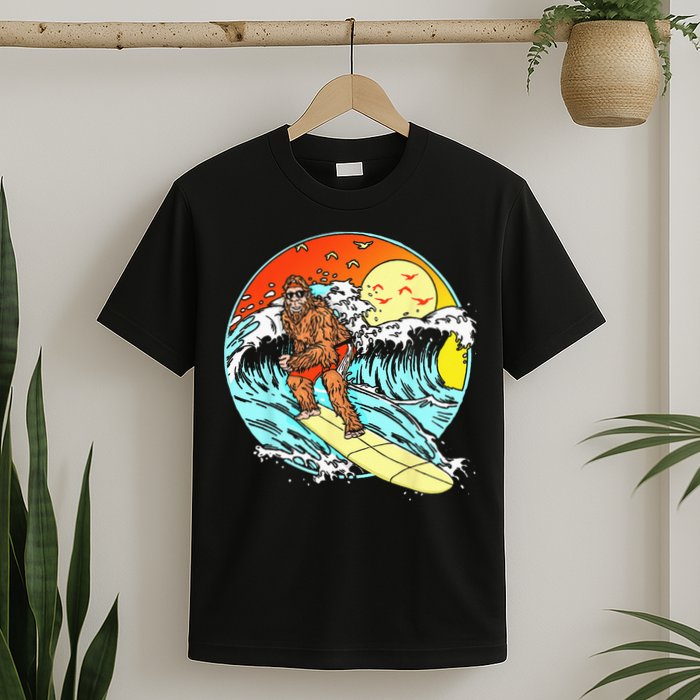Surfing Bigfoot Funny Beach Sasquatch Surfer Waves Retro 80s T-Shirt