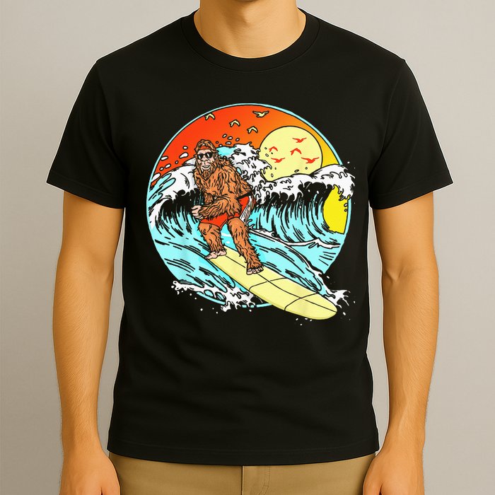 Surfing Bigfoot Funny Beach Sasquatch Surfer Waves Retro 80s T-Shirt