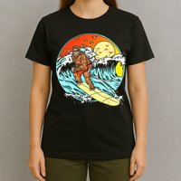 Surfing Bigfoot Funny Beach Sasquatch Surfer Waves Retro 80s T-Shirt