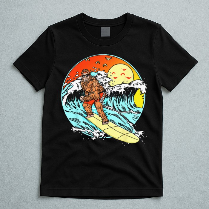 Surfing Bigfoot Funny Beach Sasquatch Surfer Waves Retro 80s T-Shirt