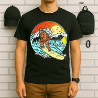 Surfing Bigfoot Funny Beach Sasquatch Surfer Waves Retro 80s T-Shirt