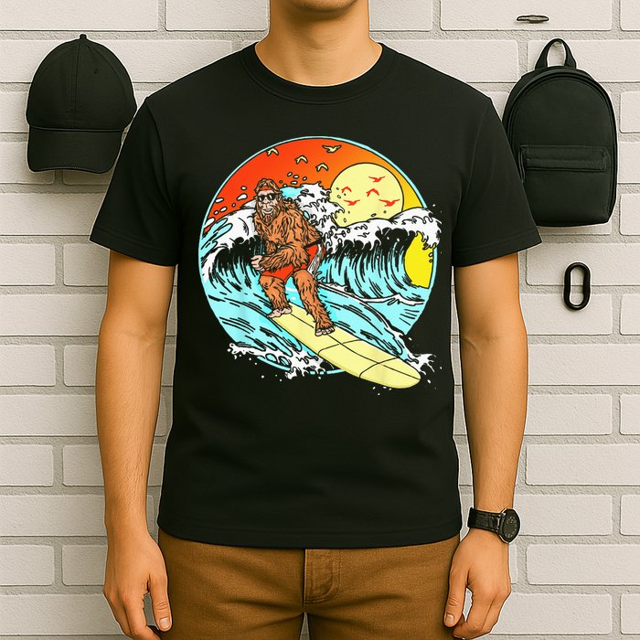 Surfing Bigfoot Funny Beach Sasquatch Surfer Waves Retro 80s T-Shirt