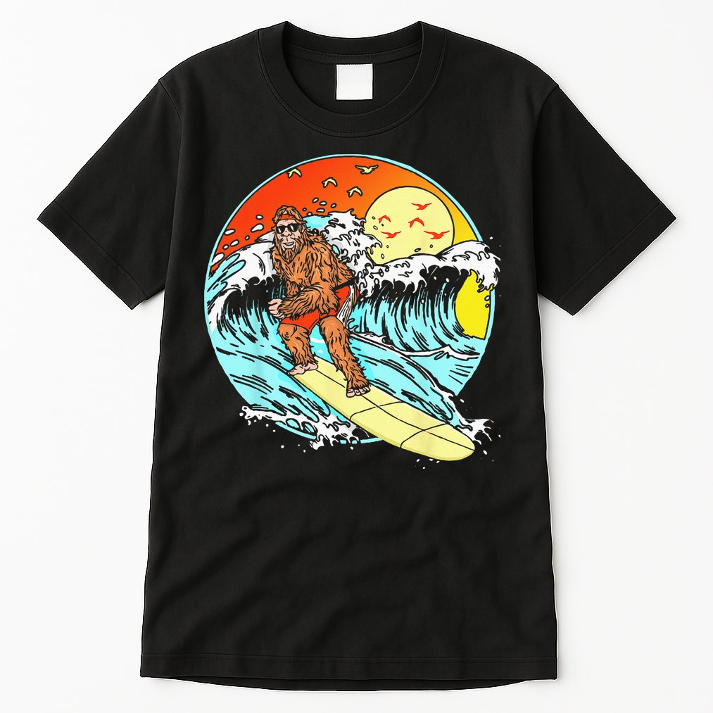 Surfing Bigfoot Funny Beach Sasquatch Surfer Waves Retro 80s Tall T-Shirt