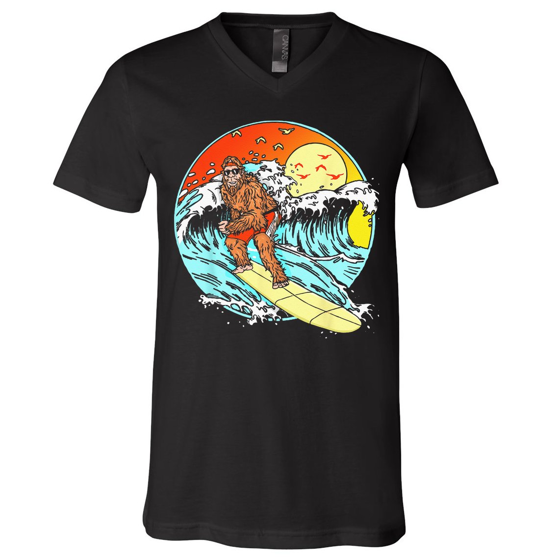 Surfing Bigfoot Funny Beach Sasquatch Surfer Waves Retro 80s V-Neck T-Shirt