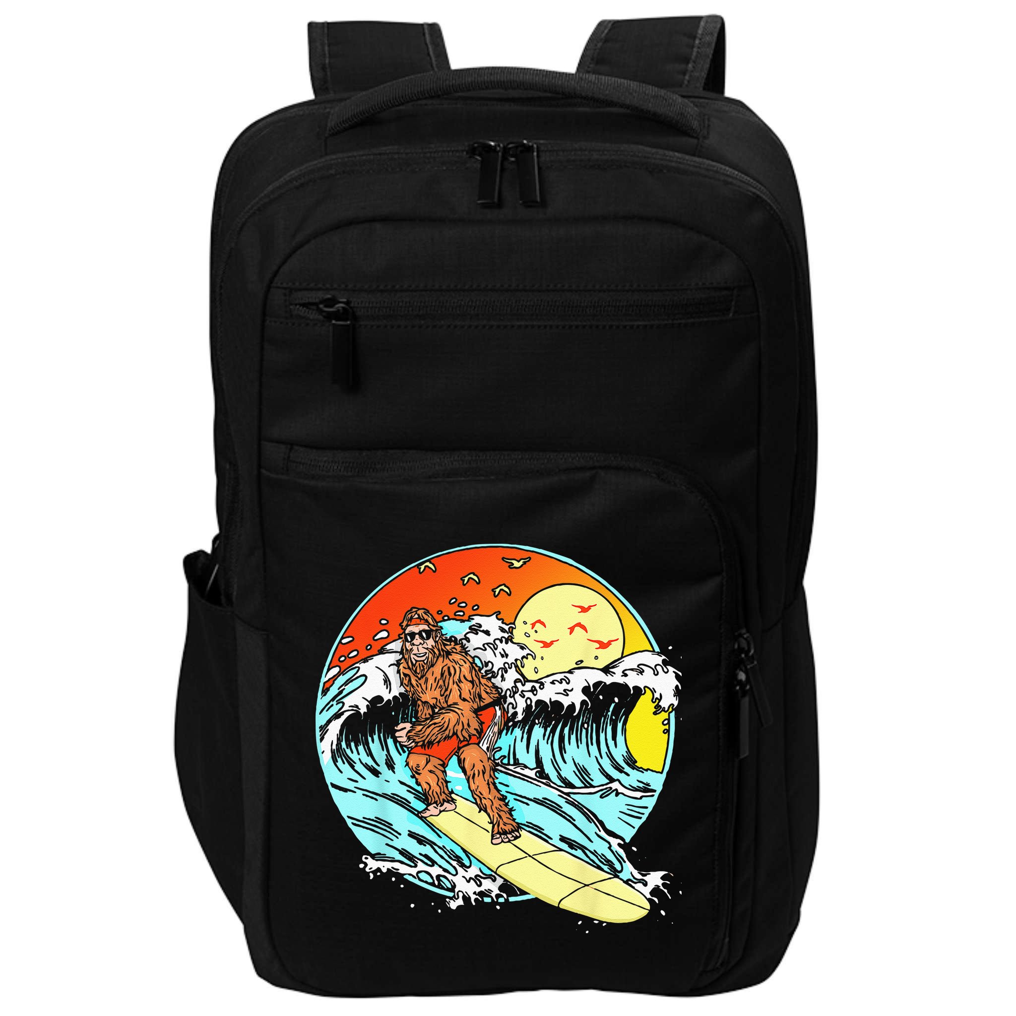 Surfing Bigfoot Funny Beach Sasquatch Surfer Waves Retro 80s Impact Tech Backpack
