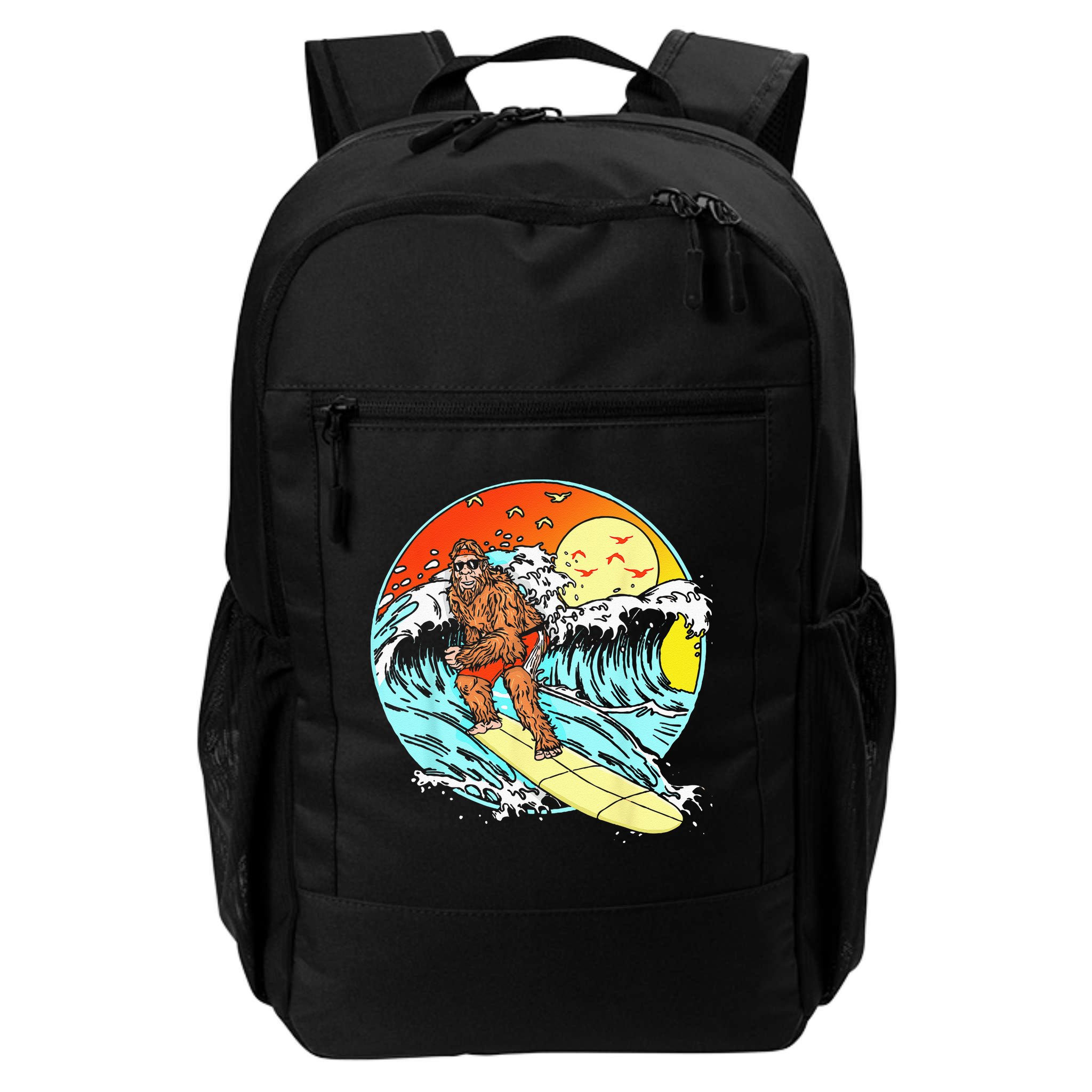 Surfing Bigfoot Funny Beach Sasquatch Surfer Waves Retro 80s Backpack