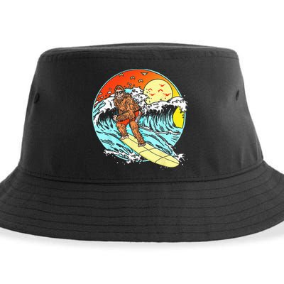 Surfing Bigfoot Funny Beach Sasquatch Surfer Waves Retro 80s Sustainable Bucket Hat