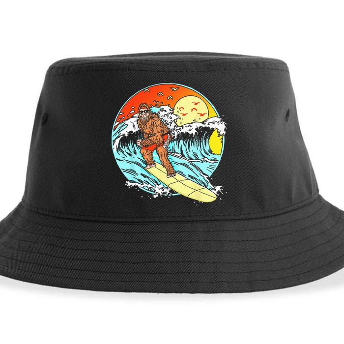 Surfing Bigfoot Funny Beach Sasquatch Surfer Waves Retro 80s Sustainable Bucket Hat