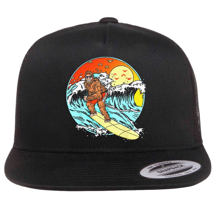 Surfing Bigfoot Funny Beach Sasquatch Surfer Waves Retro 80s Flat Bill Trucker Hat