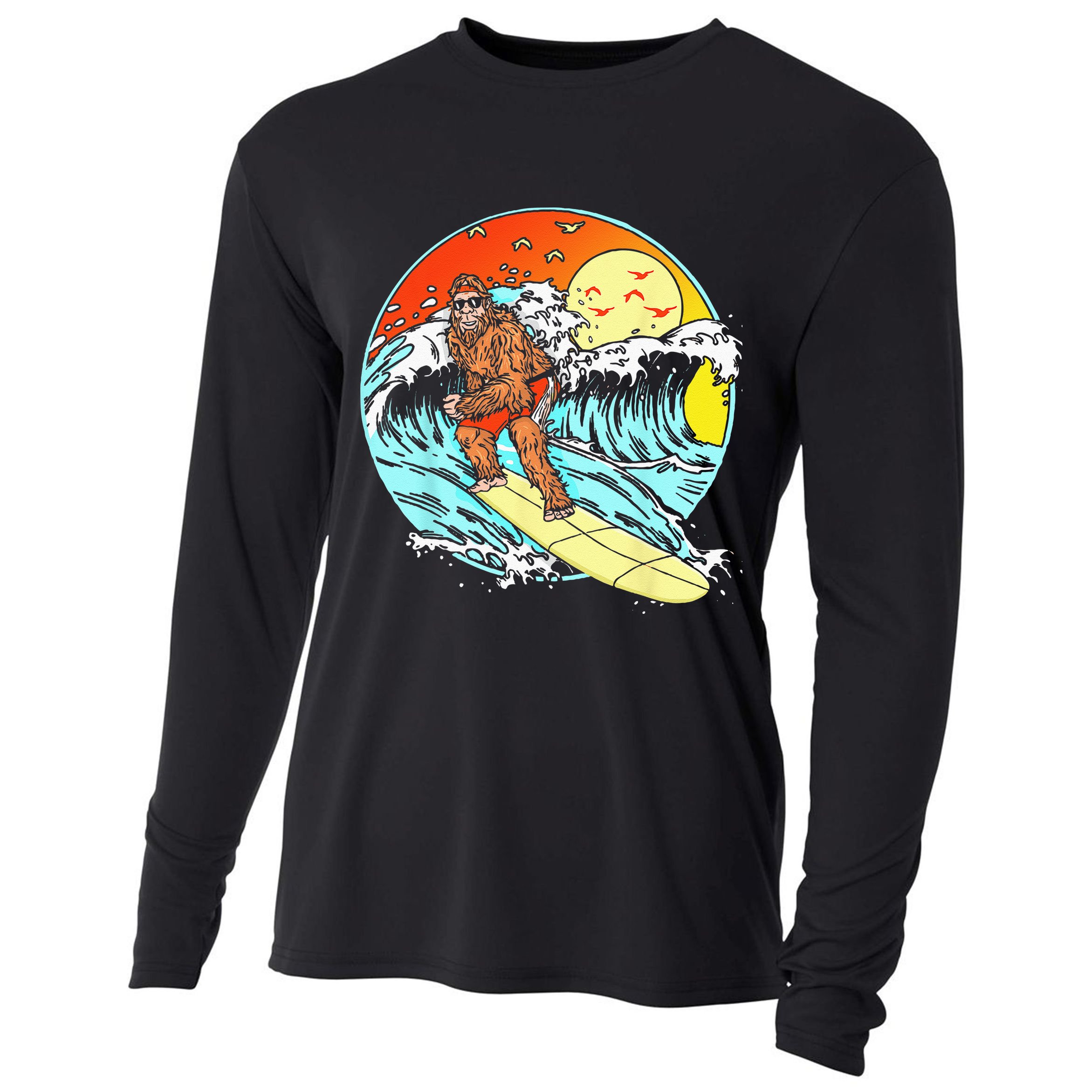 Surfing Bigfoot Funny Beach Sasquatch Surfer Waves Retro 80s Cooling Performance Long Sleeve Crew