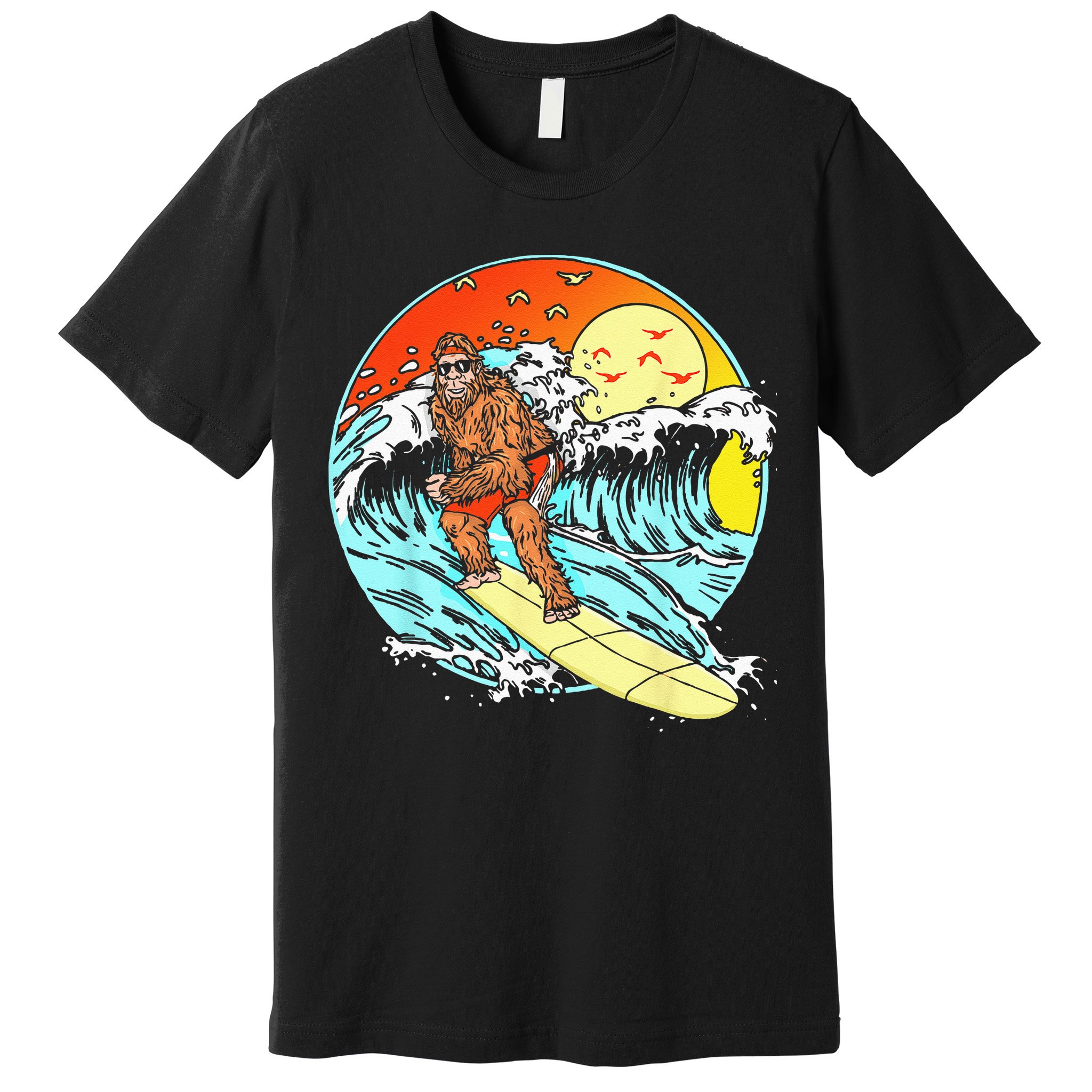 Surfing Bigfoot Funny Beach Sasquatch Surfer Waves Retro 80s Premium T-Shirt