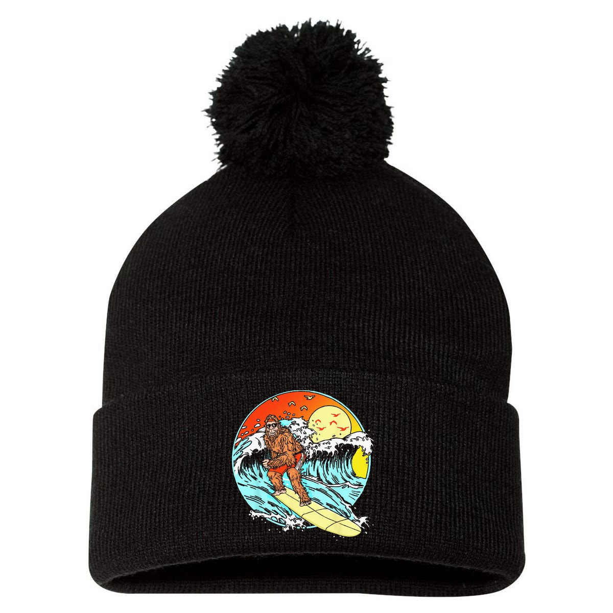 Surfing Bigfoot Funny Beach Sasquatch Surfer Waves Retro 80s Pom Pom 12in Knit Beanie