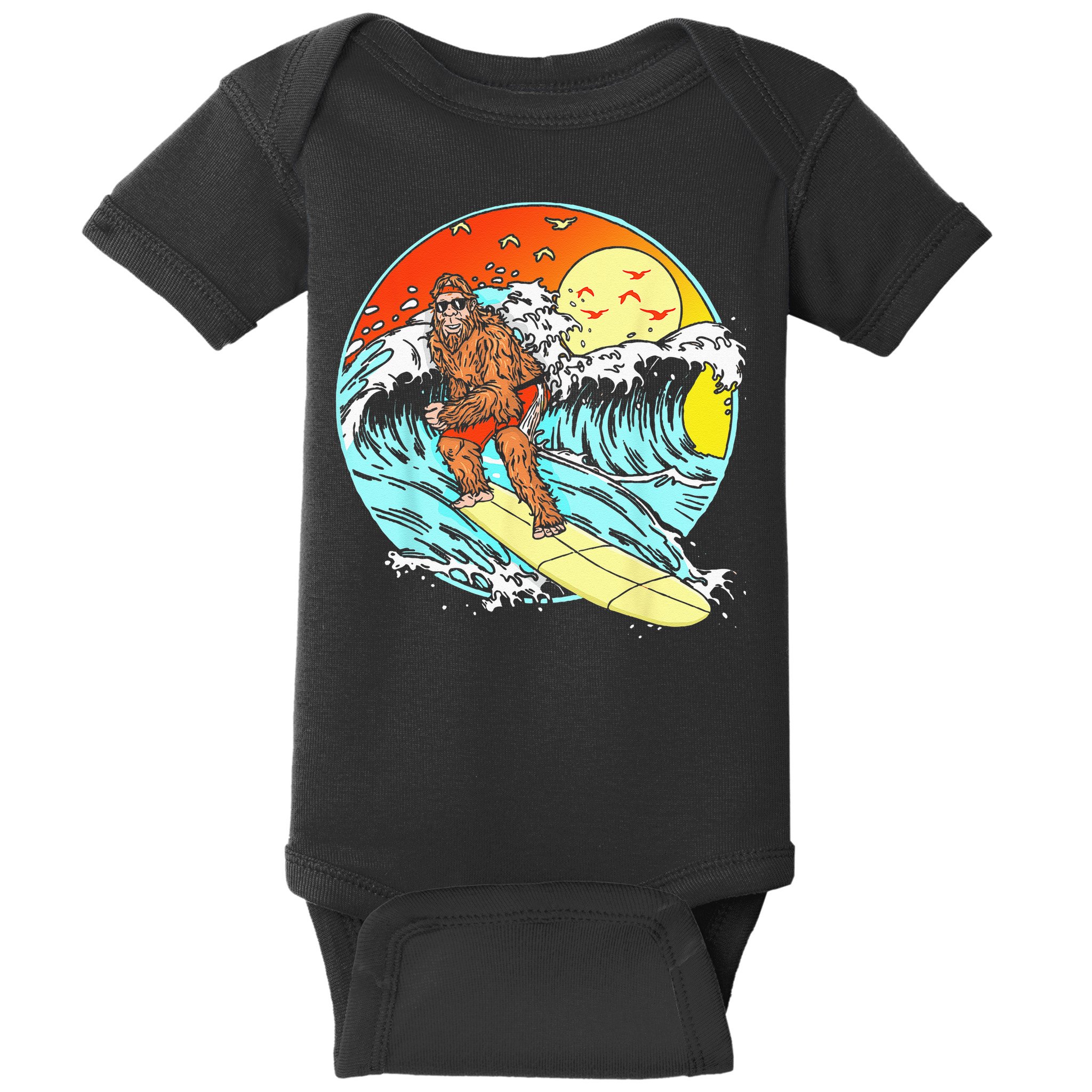 Surfing Bigfoot Funny Beach Sasquatch Surfer Waves Retro 80s Baby Bodysuit