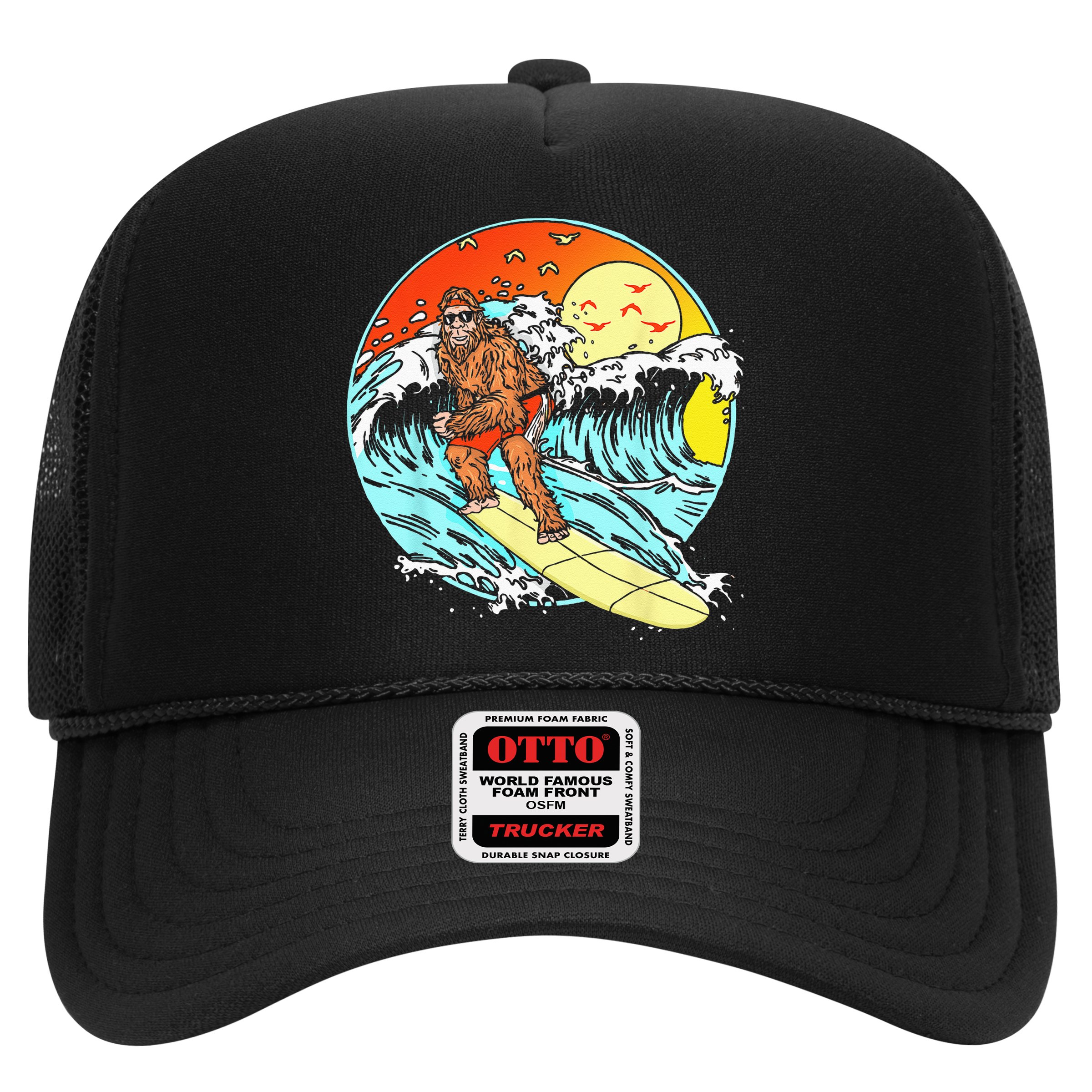 Surfing Bigfoot Funny Beach Sasquatch Surfer Waves Retro 80s Hat