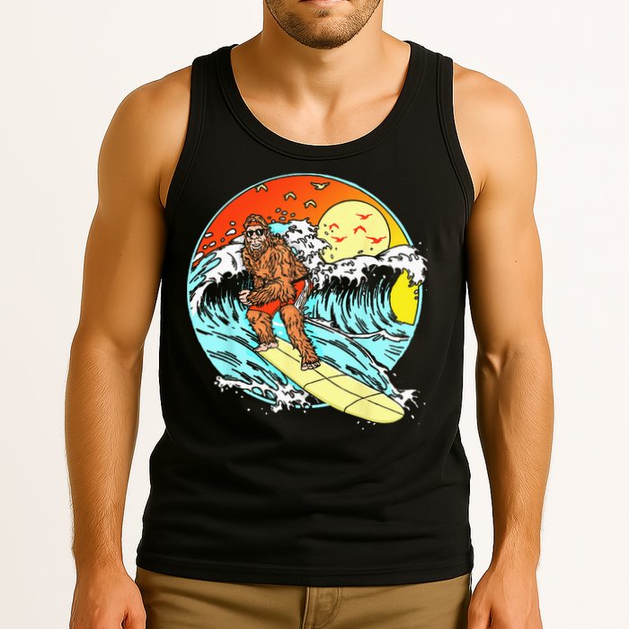 Surfing Bigfoot Funny Beach Sasquatch Surfer Waves Retro 80s Tank Top