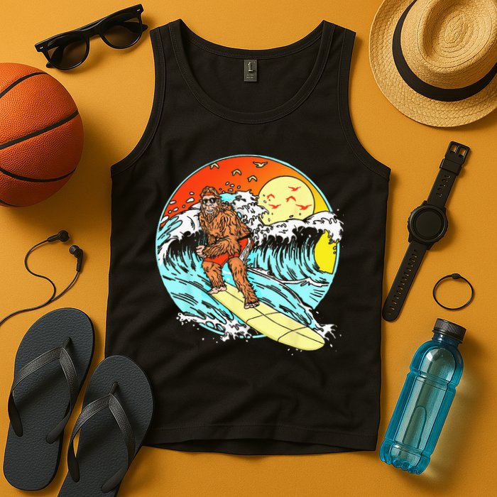 Surfing Bigfoot Funny Beach Sasquatch Surfer Waves Retro 80s Tank Top
