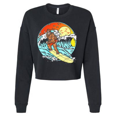 Surfing Bigfoot Funny Beach Sasquatch Surfer Waves Retro 80s Cropped Pullover Crew