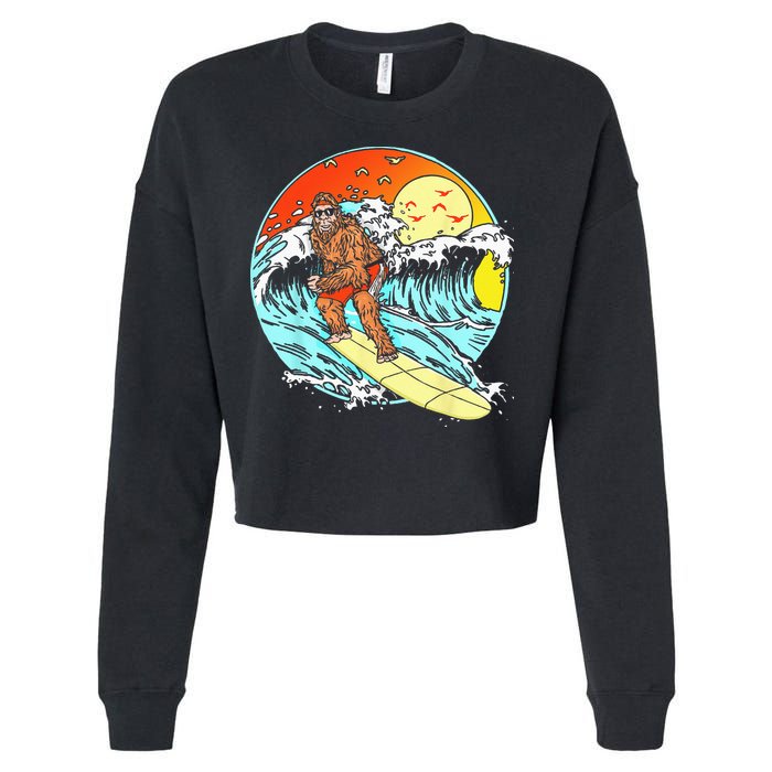 Surfing Bigfoot Funny Beach Sasquatch Surfer Waves Retro 80s Cropped Pullover Crew