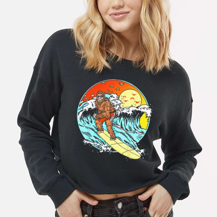 Surfing Bigfoot Funny Beach Sasquatch Surfer Waves Retro 80s Cropped Pullover Crew