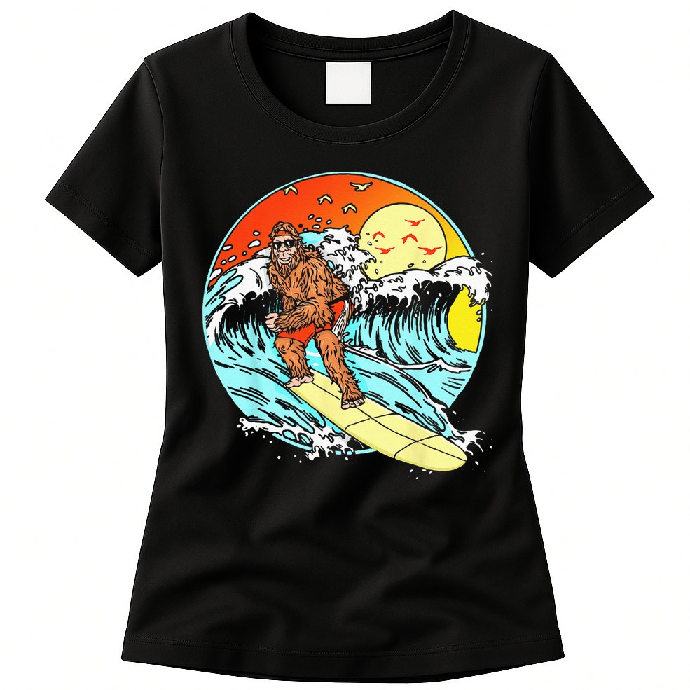 Surfing Bigfoot Funny Beach Sasquatch Surfer Waves Retro 80s Womens T-Shirt