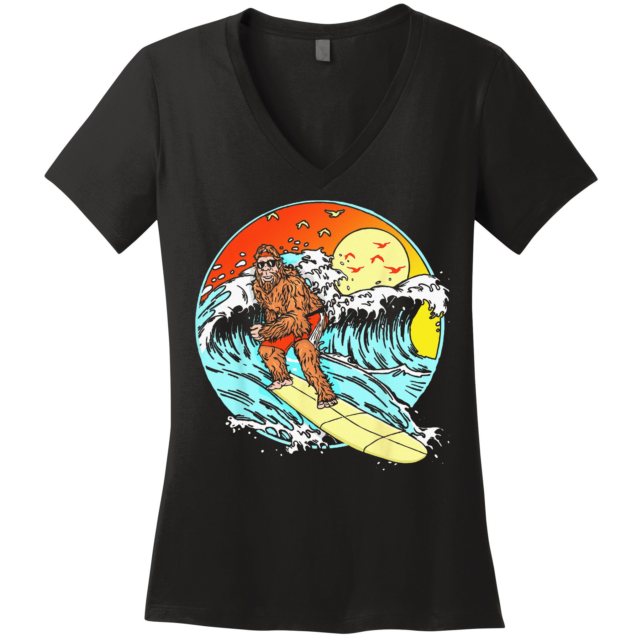 Surfing Bigfoot Funny Beach Sasquatch Surfer Waves Retro 80s Women's V-Neck T-Shirt