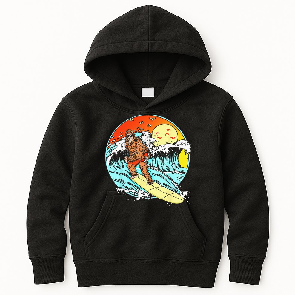 Surfing Bigfoot Funny Beach Sasquatch Surfer Waves Retro 80s Kids Hoodie