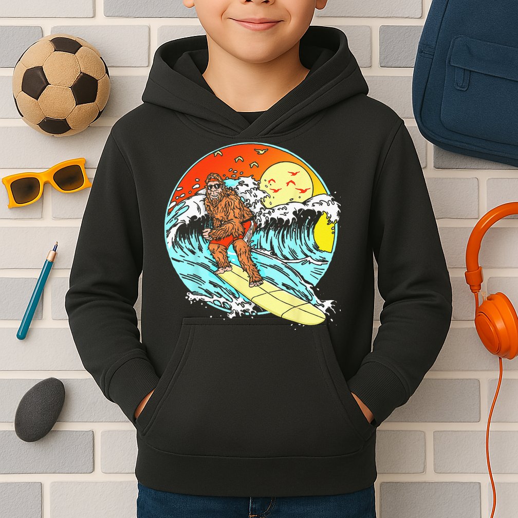Surfing Bigfoot Funny Beach Sasquatch Surfer Waves Retro 80s Kids Hoodie