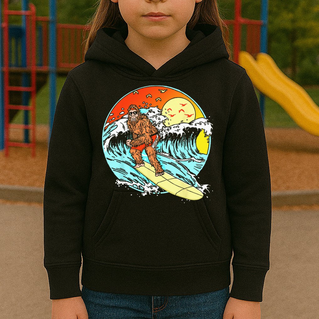 Surfing Bigfoot Funny Beach Sasquatch Surfer Waves Retro 80s Kids Hoodie