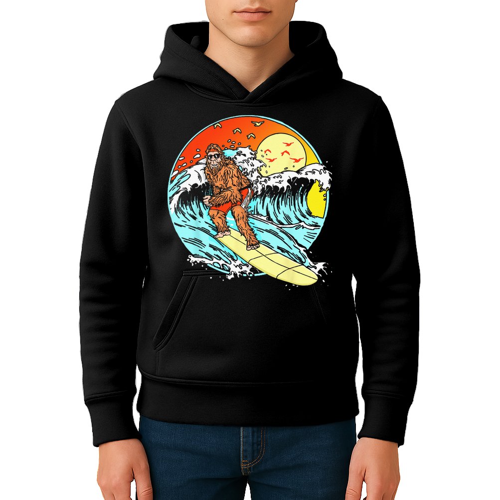 Surfing Bigfoot Funny Beach Sasquatch Surfer Waves Retro 80s Kids Hoodie