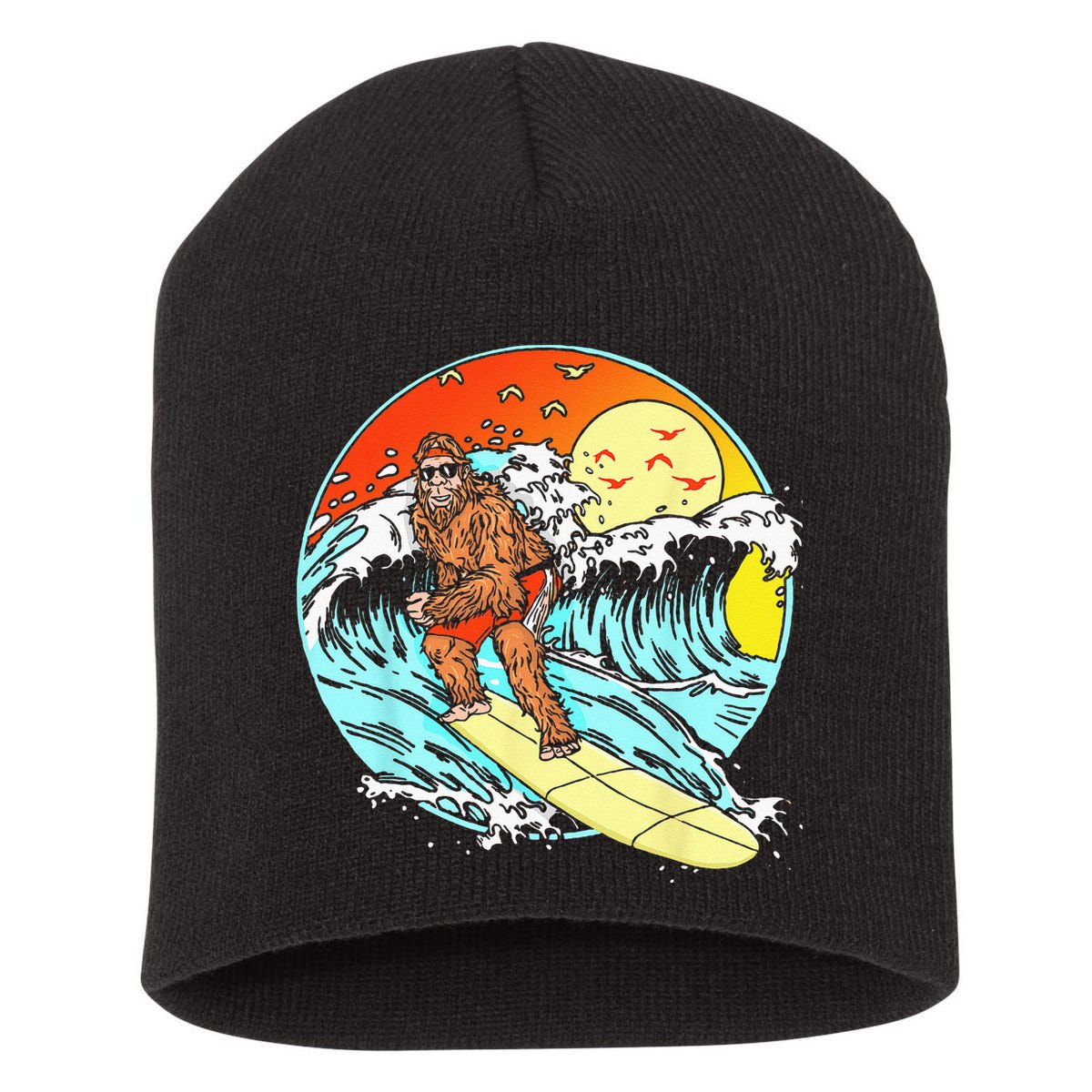 Surfing Bigfoot Funny Beach Sasquatch Surfer Waves Retro 80s Short Acrylic Beanie