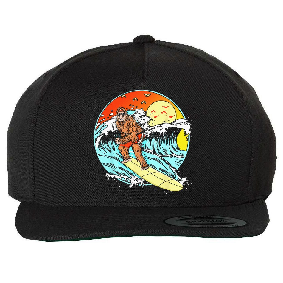 Surfing Bigfoot Funny Beach Sasquatch Surfer Waves Retro 80s Wool Snapback Cap