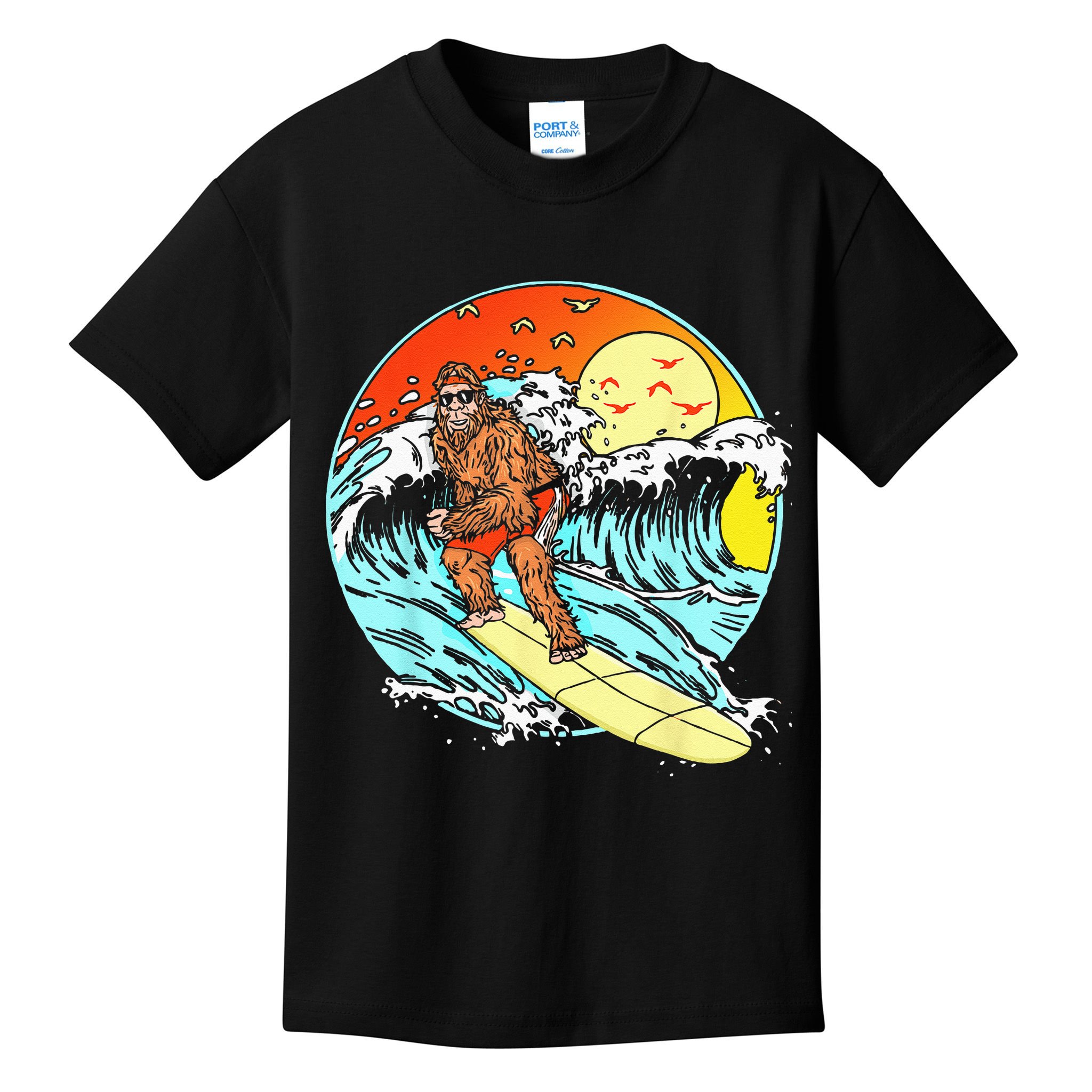 Surfing Bigfoot Funny Beach Sasquatch Surfer Waves Retro 80s Kids T-Shirt