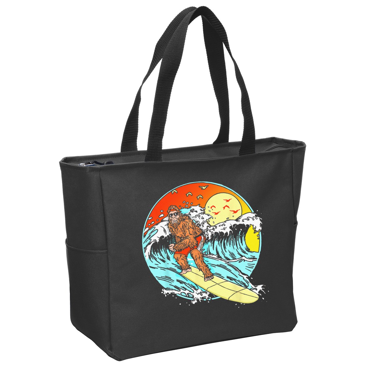 Surfing Bigfoot Funny Beach Sasquatch Surfer Waves Retro 80s Zip Tote Bag